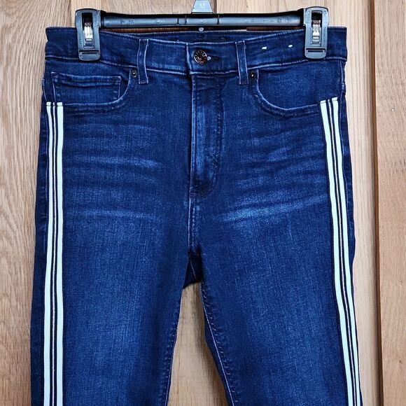 Express Mid Rise Skinny Ankle Stretch Jeans, Size 6, Blue & White & Gold Stripe - Picture 2 of 12